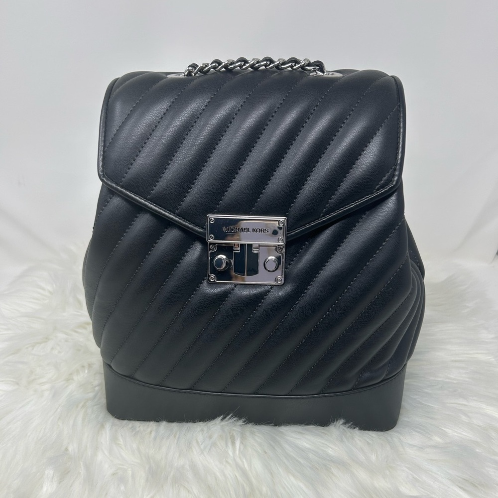 Michael Kors Rose Medium Chain Backpack Bag (Black/Silver)